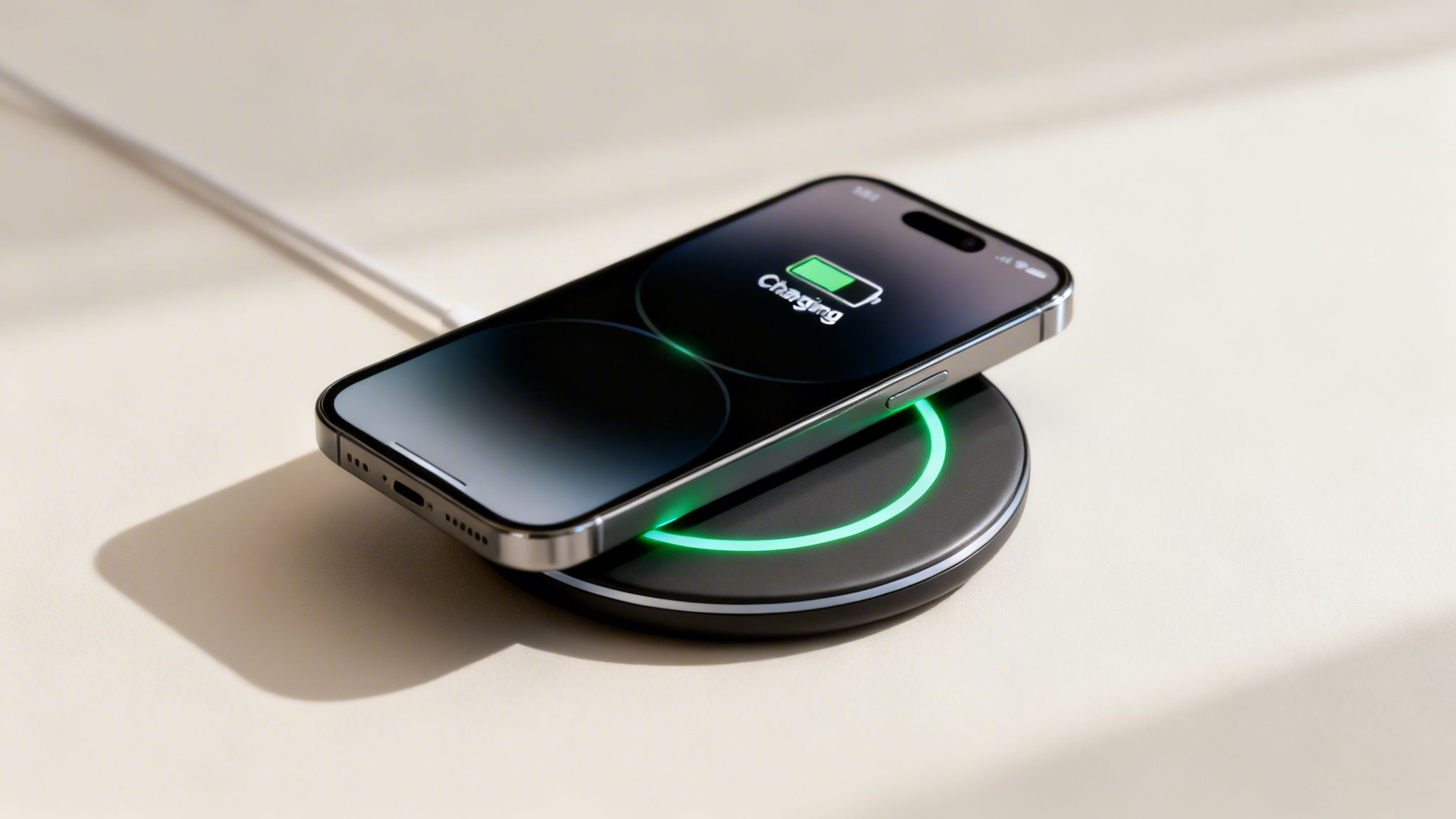 An iPhone 15 Pro wirelessly charging on a black pad with a glowing green ring.