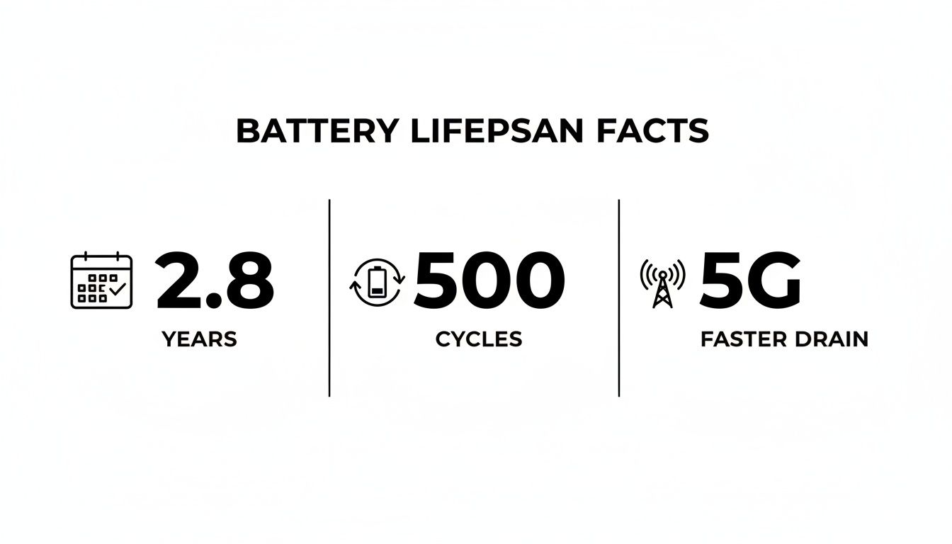 Infographic showing battery lifespan facts: 2.8 years, 500 cycles, and 5G causes faster drain.