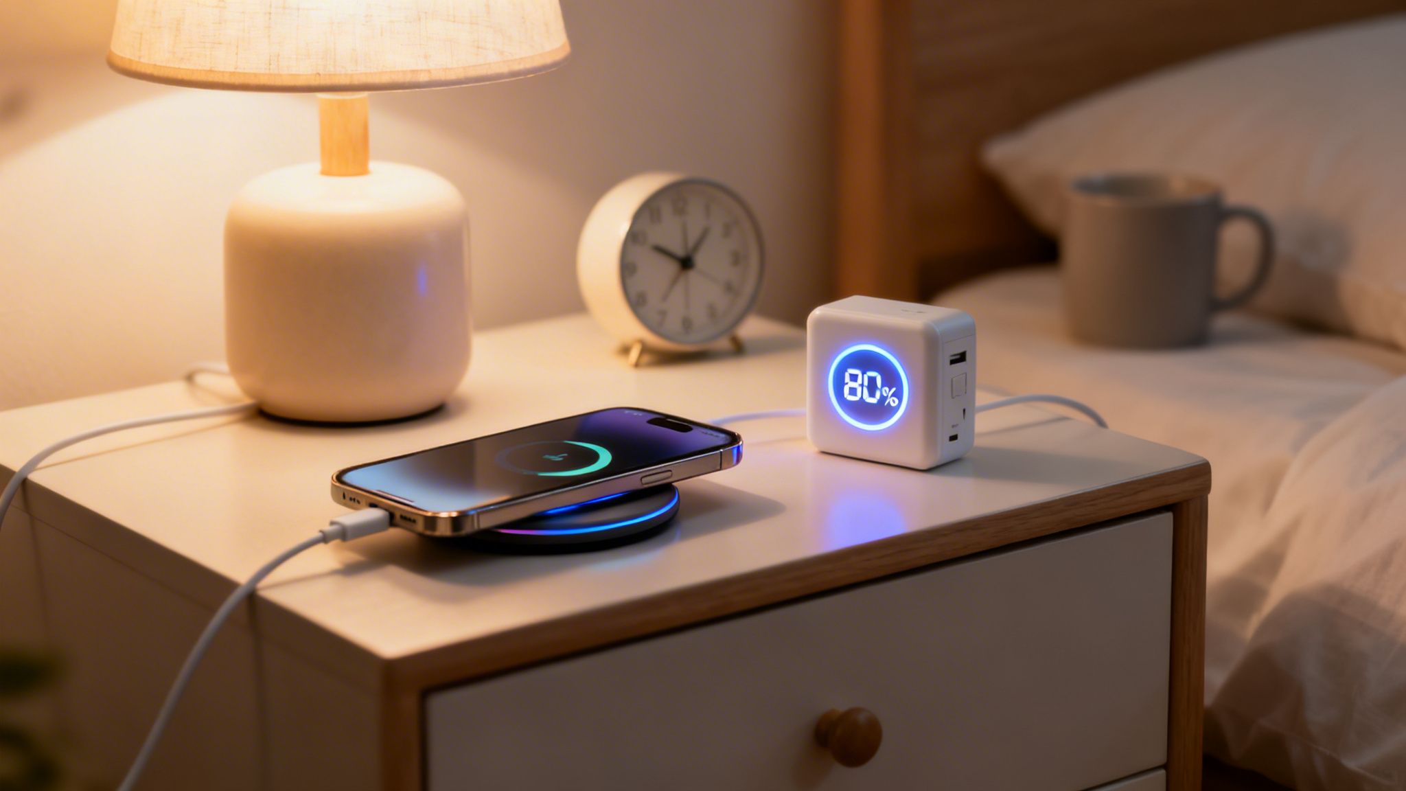 A nightstand with a phone wirelessly charging next to a lamp and a power strip showing 80%.