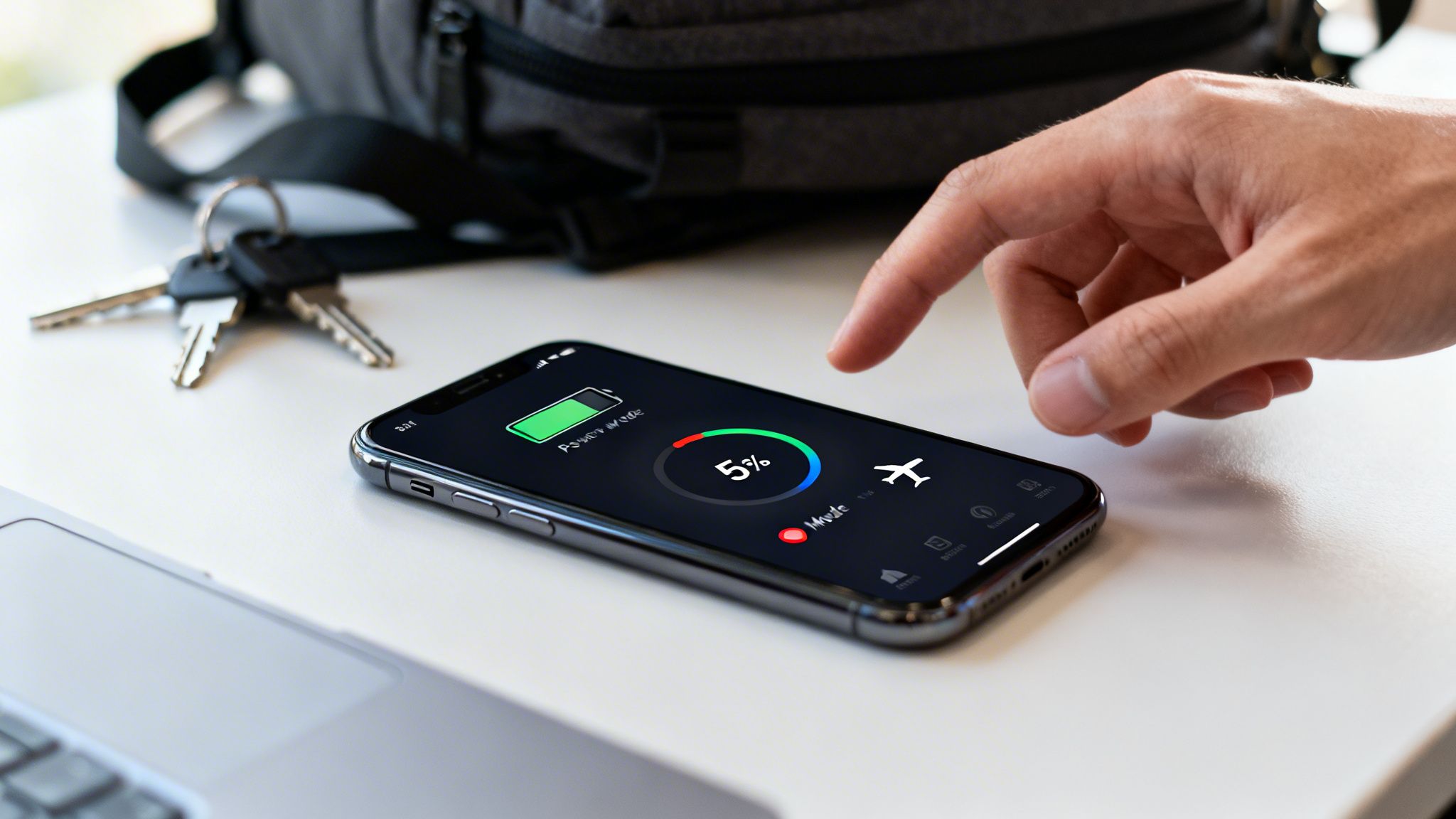 A hand interacts with a smartphone showing a 5% battery level and charging status on a white desk.