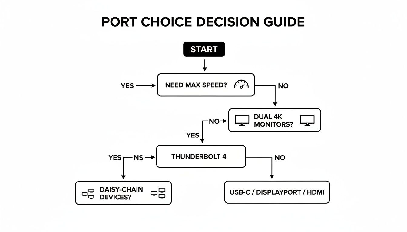 A flowchart guiding port choice decisions based on max speed, dual 4K monitors, and daisy-chain devices.
