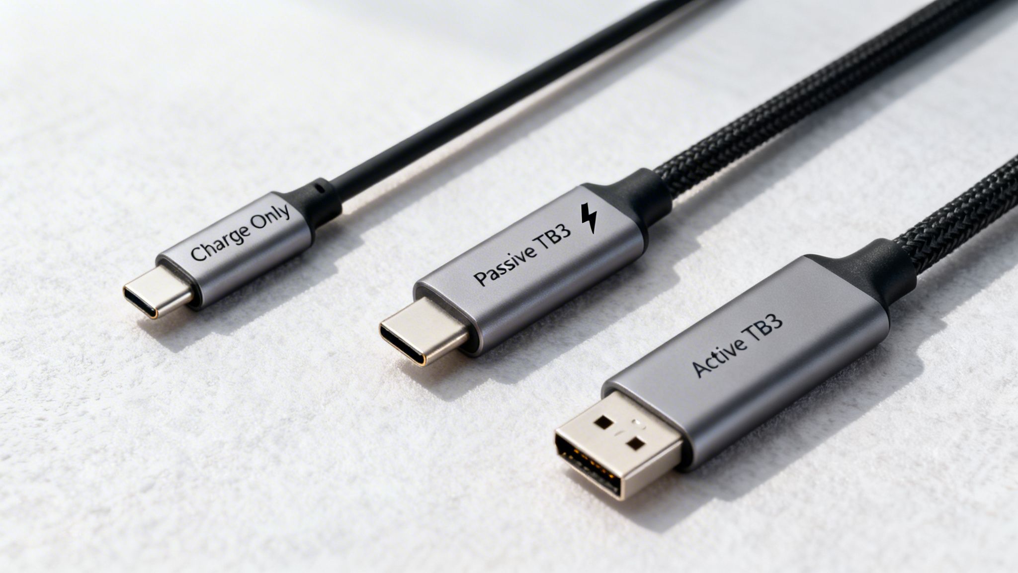Three distinct cables on a white surface: USB-C Charge Only, Passive Thunderbolt 3, and Active Thunderbolt 3.