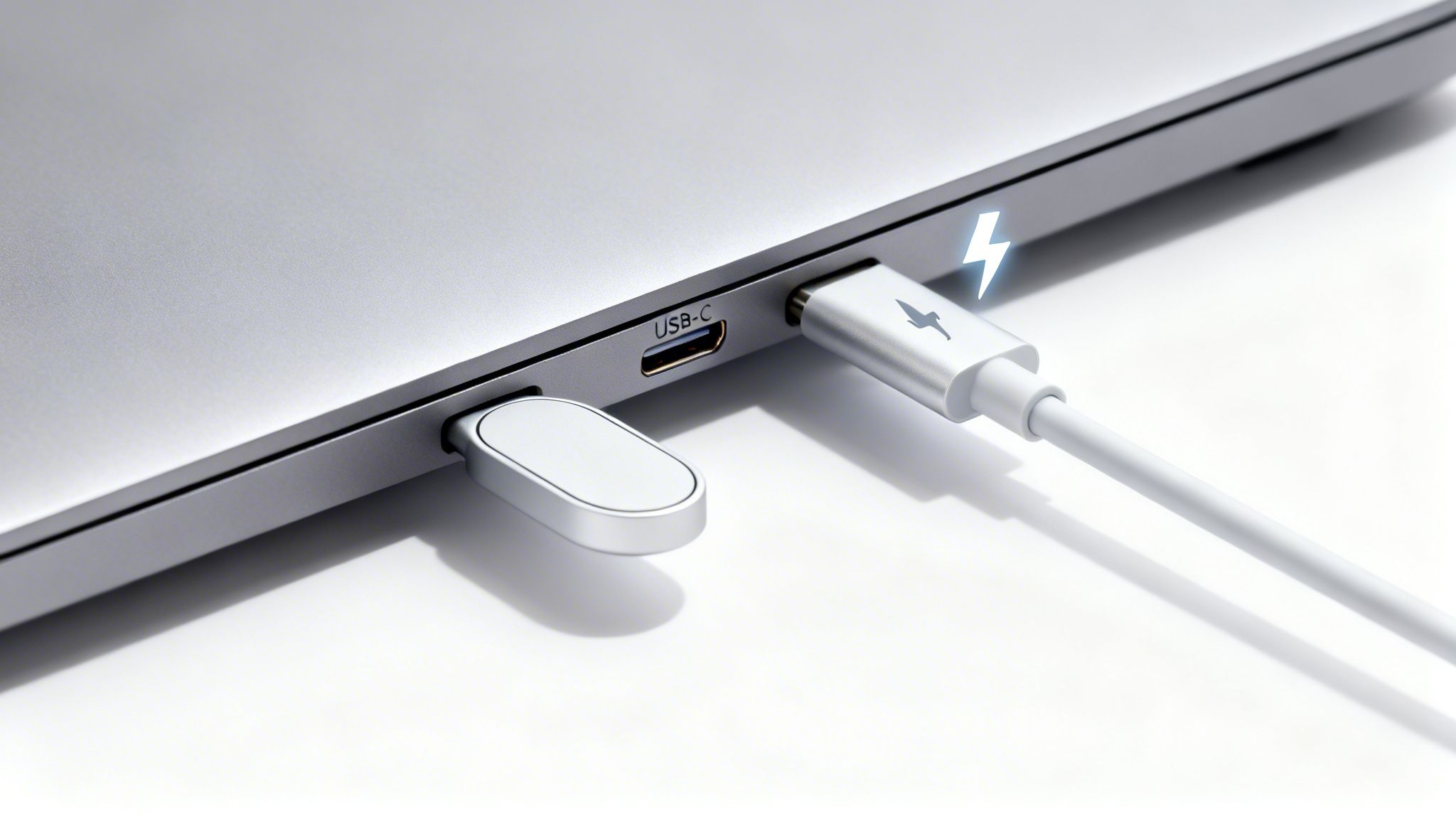 Close-up of a silver laptop's side with USB-C ports, a Thunderbolt cable, and a small USB device.
