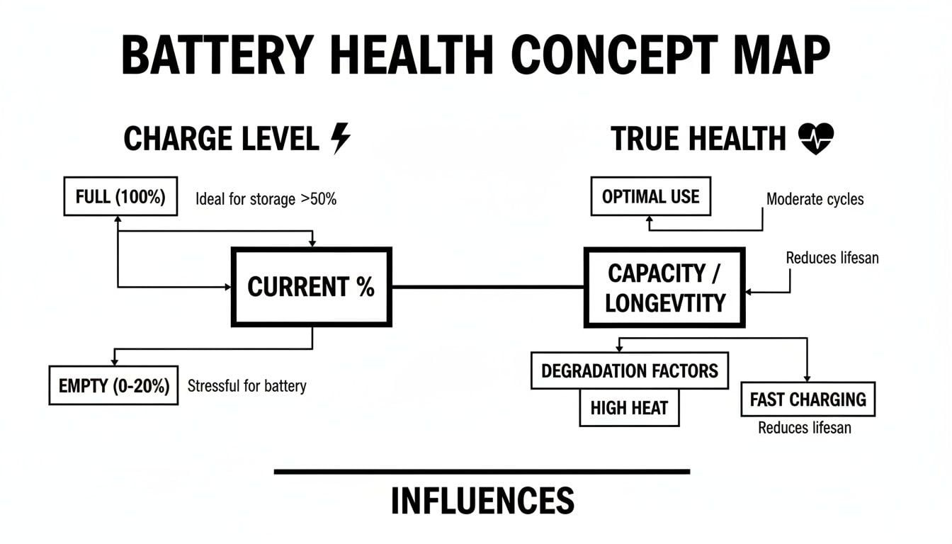 A concept map illustrating battery health, charge levels, and factors impacting longevity.