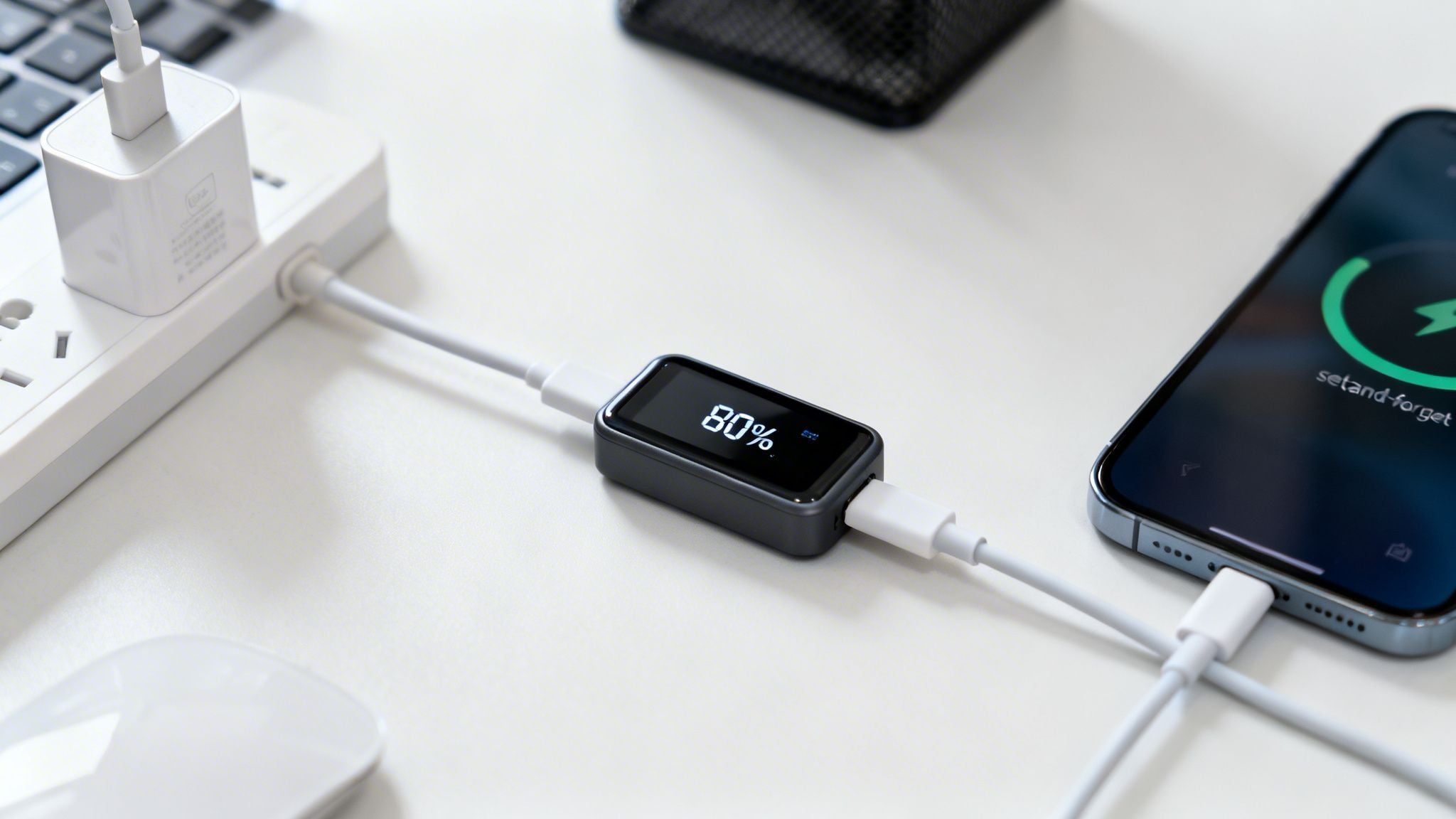 A smartphone charges on a desk, displaying 80% battery on an inline cable meter.