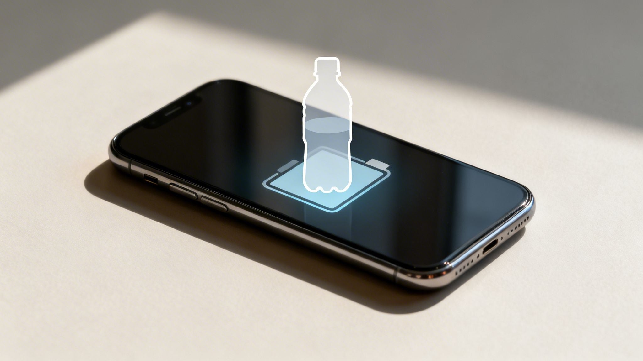 A smartphone screen shows a glowing battery icon with a partially filled water bottle on a light desk.