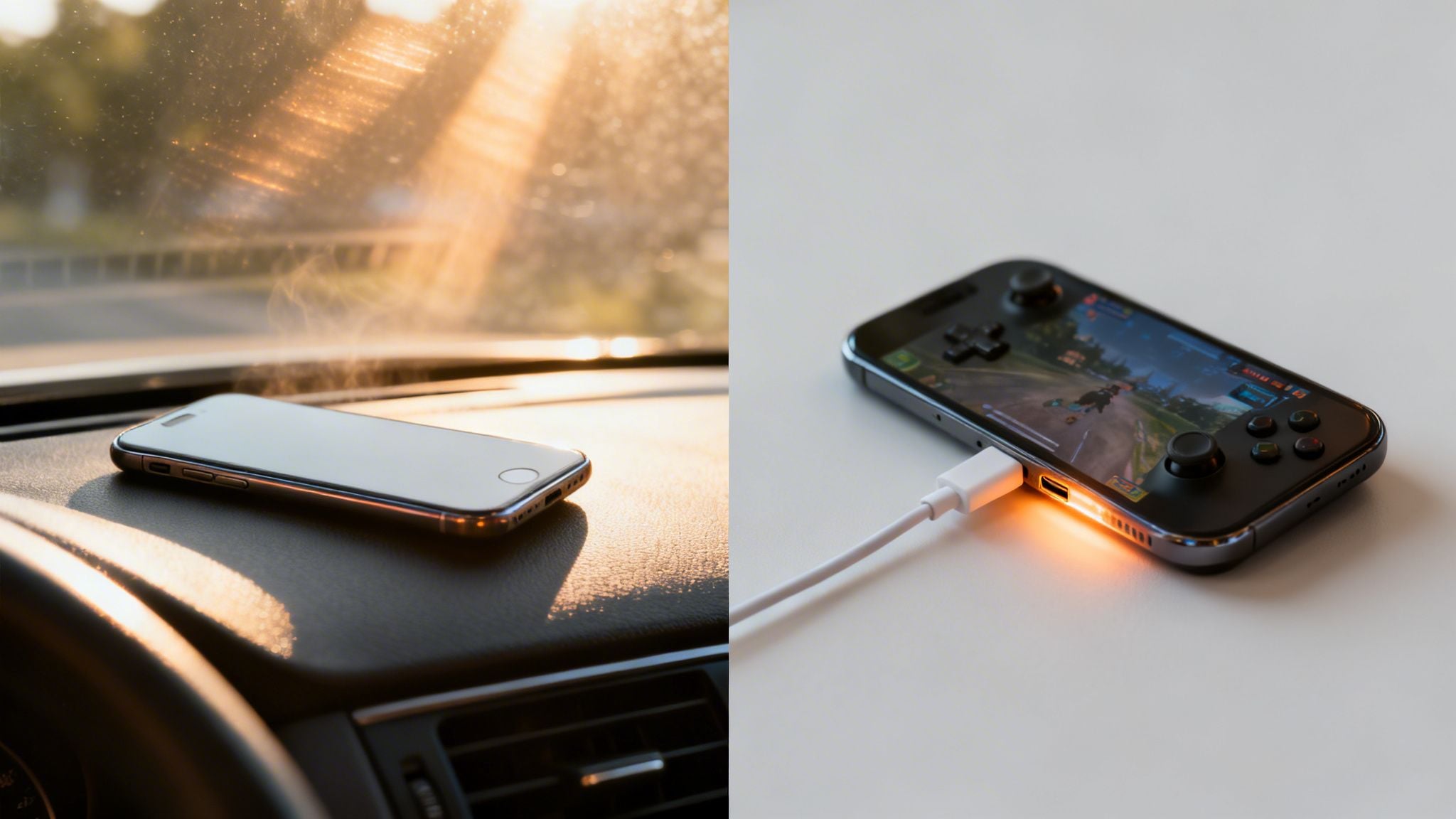 A split image showing a phone on a car dashboard in sunlight and a phone with a game controller charging.