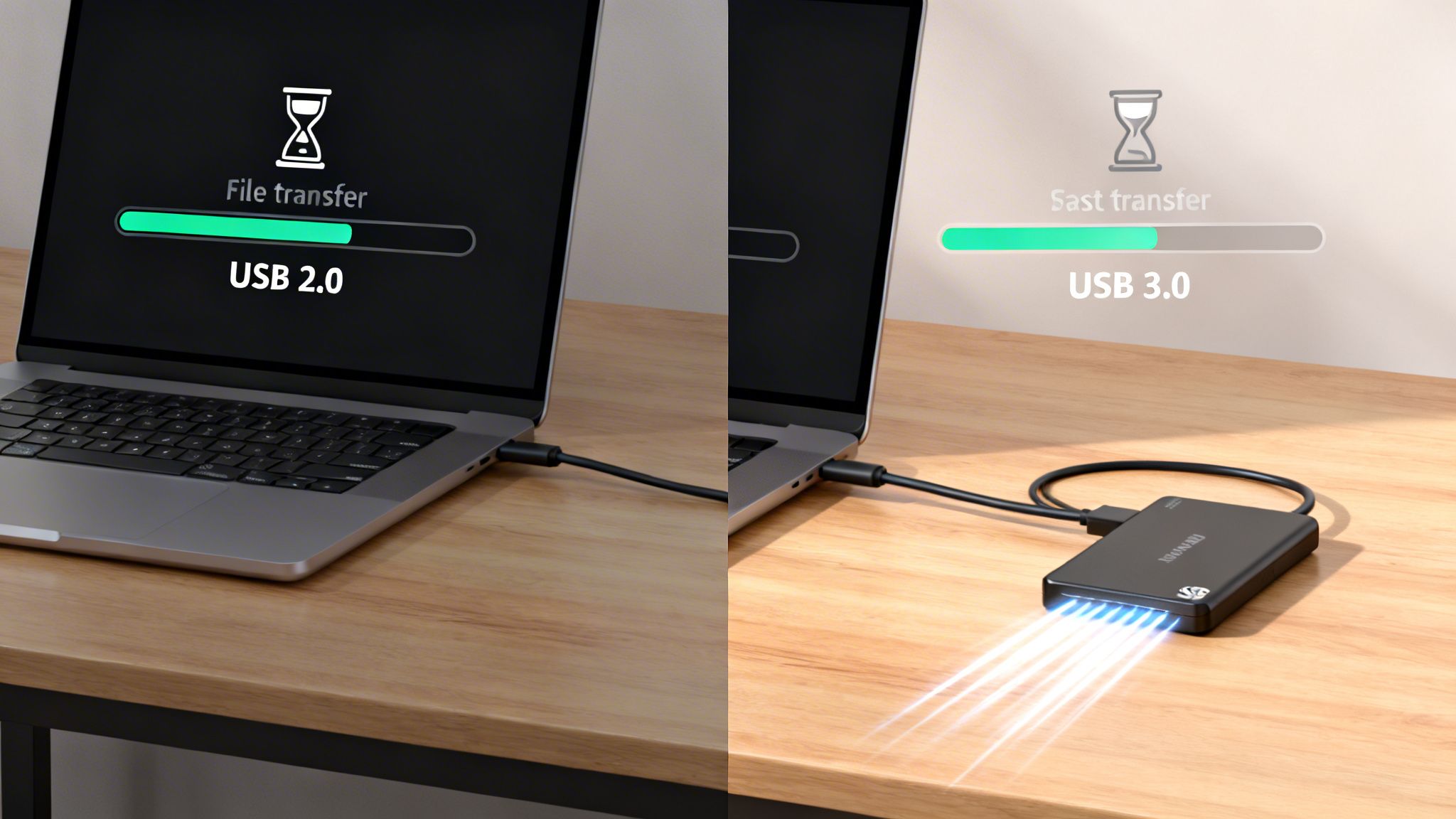 Side-by-side comparison of slow USB 2.0 file transfer and fast USB 3.0 data transfer.