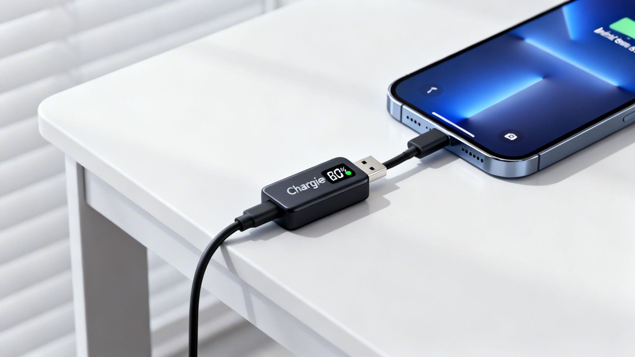 A black Chargie device showing 80% charge, connected to a light blue iPhone charging on a white table.