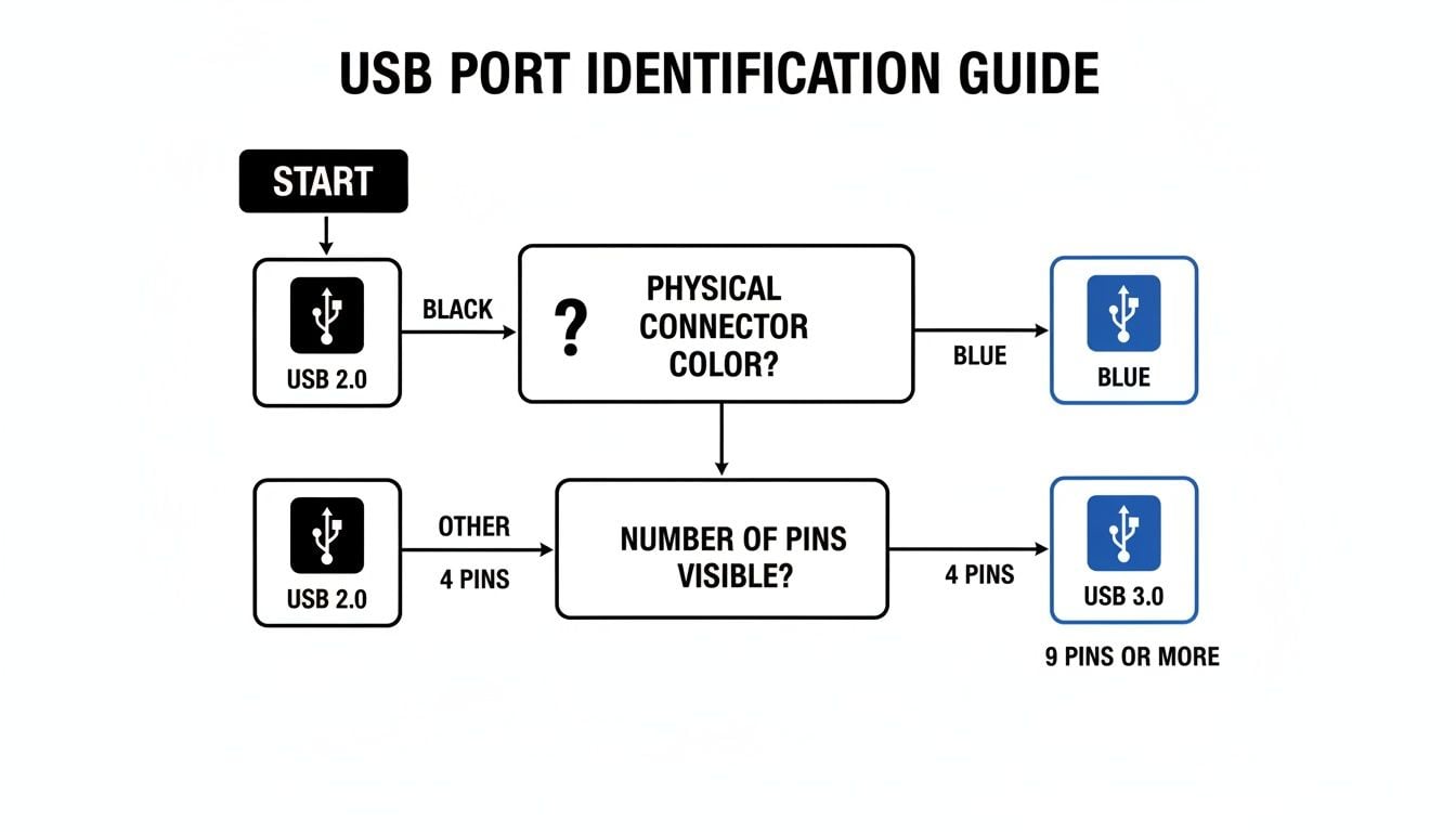 A flowchart guiding USB port identification based on physical connector color and number of visible pins.