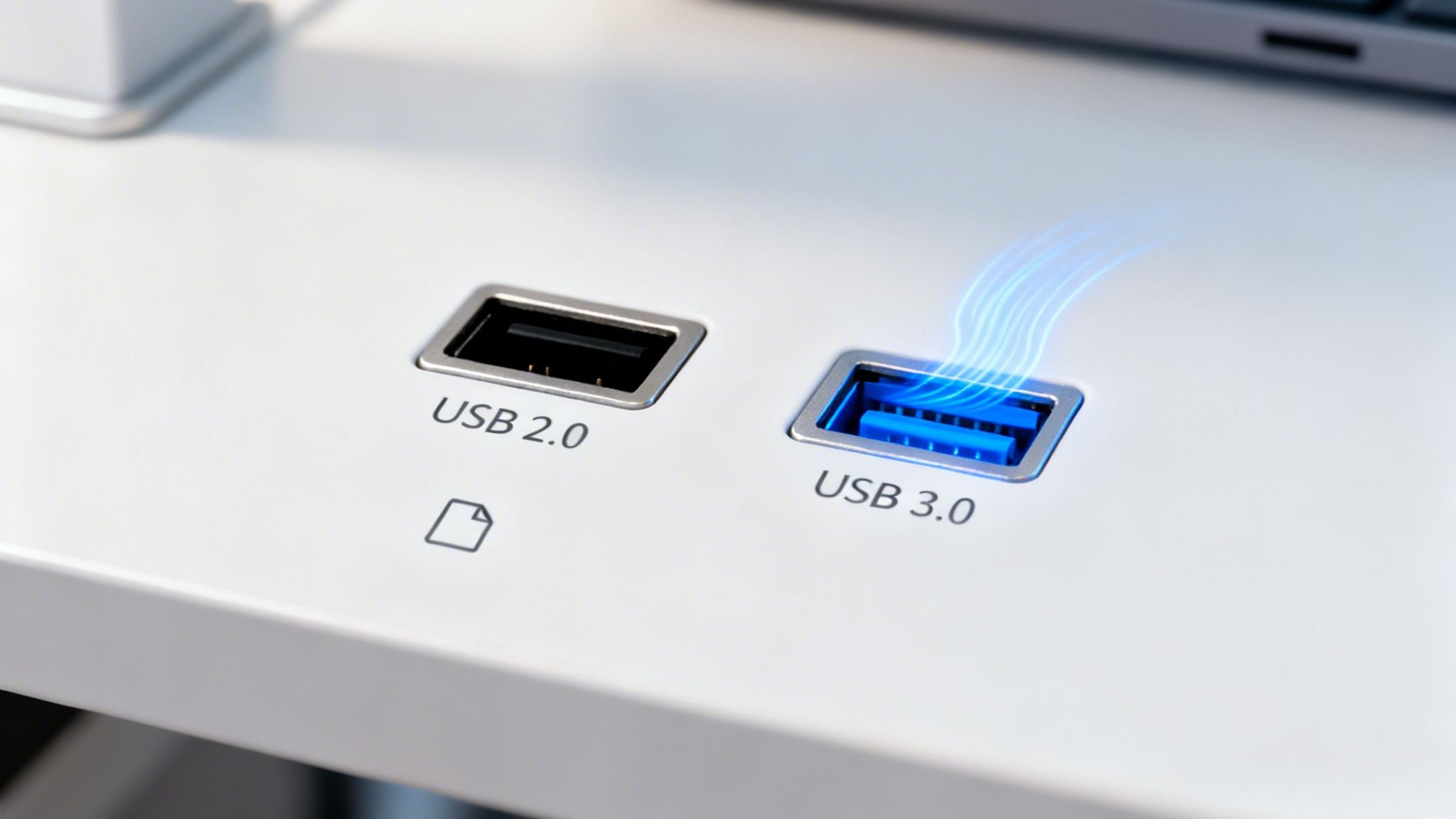 Close-up of USB 2.0 and USB 3.0 ports on a white device, highlighting the blue interior of the faster USB 3.0.