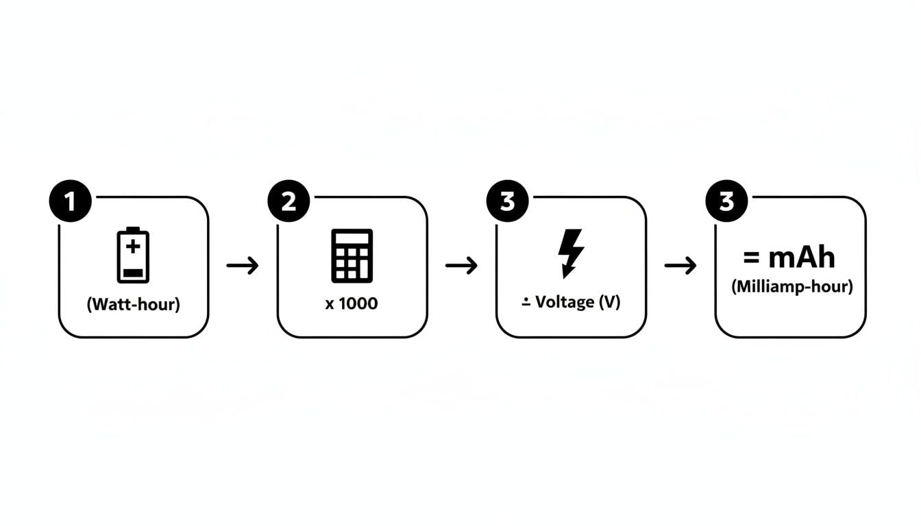 Diagram illustrating the steps to convert Watt-hours to Milliamp-hours (mAh) using multiplication and division.