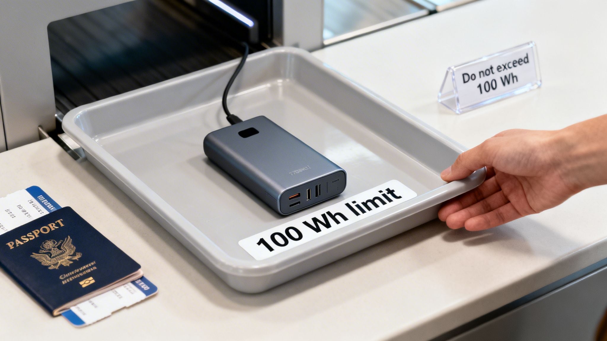 A hand pushes an airport security tray with a power bank, passport, and boarding pass, showing a 100 Wh limit.