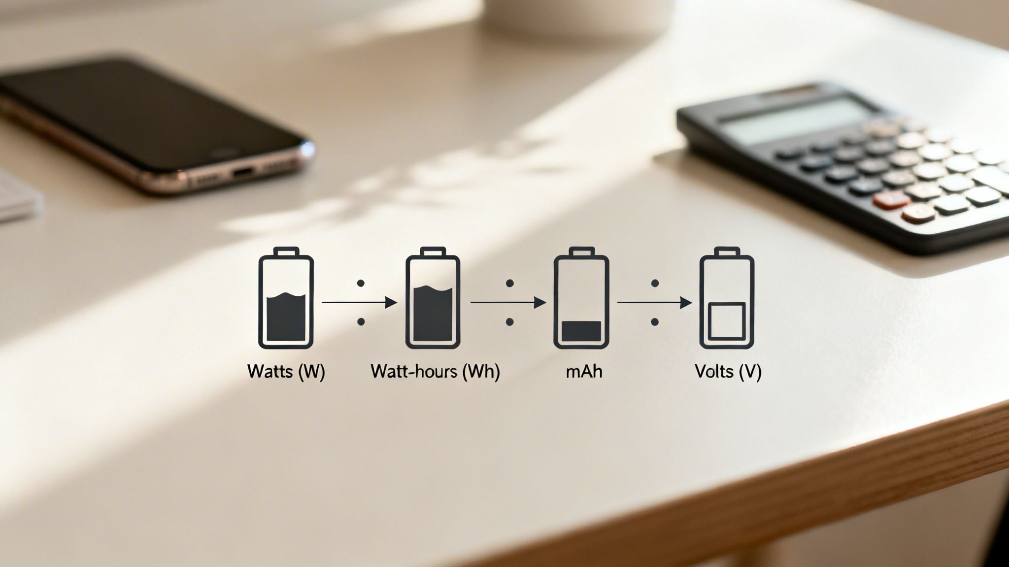 Diagram on a desk illustrating the conversion between Watts, Watt-hours, mAh, and Volts using battery icons.