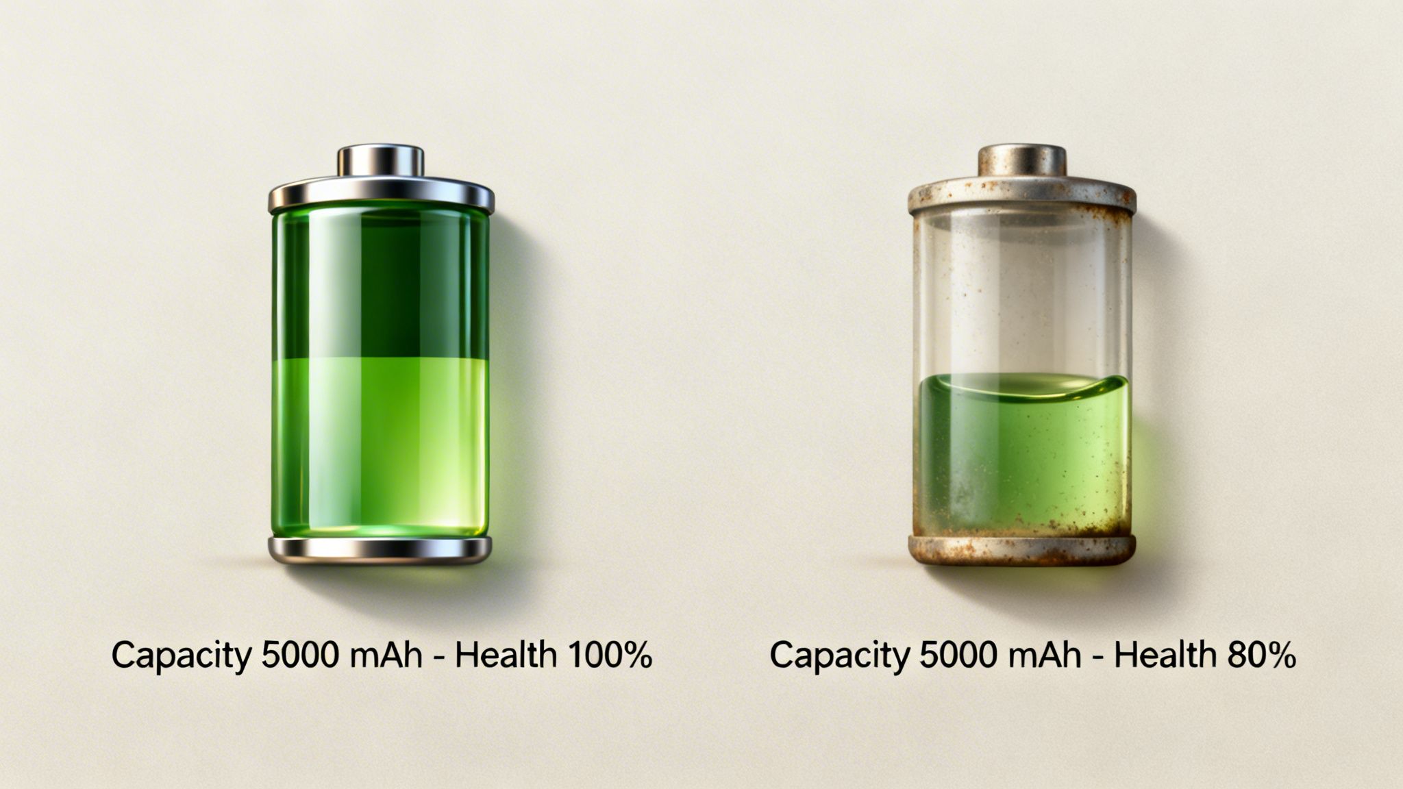 Two batteries illustrating 100% versus 80% health, showing capacity degradation over time.