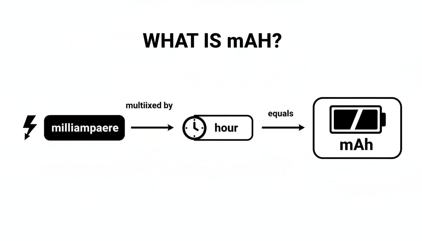 Diagram illustrating that milliampere multiplied by hour defines mAh, represented by a battery icon.