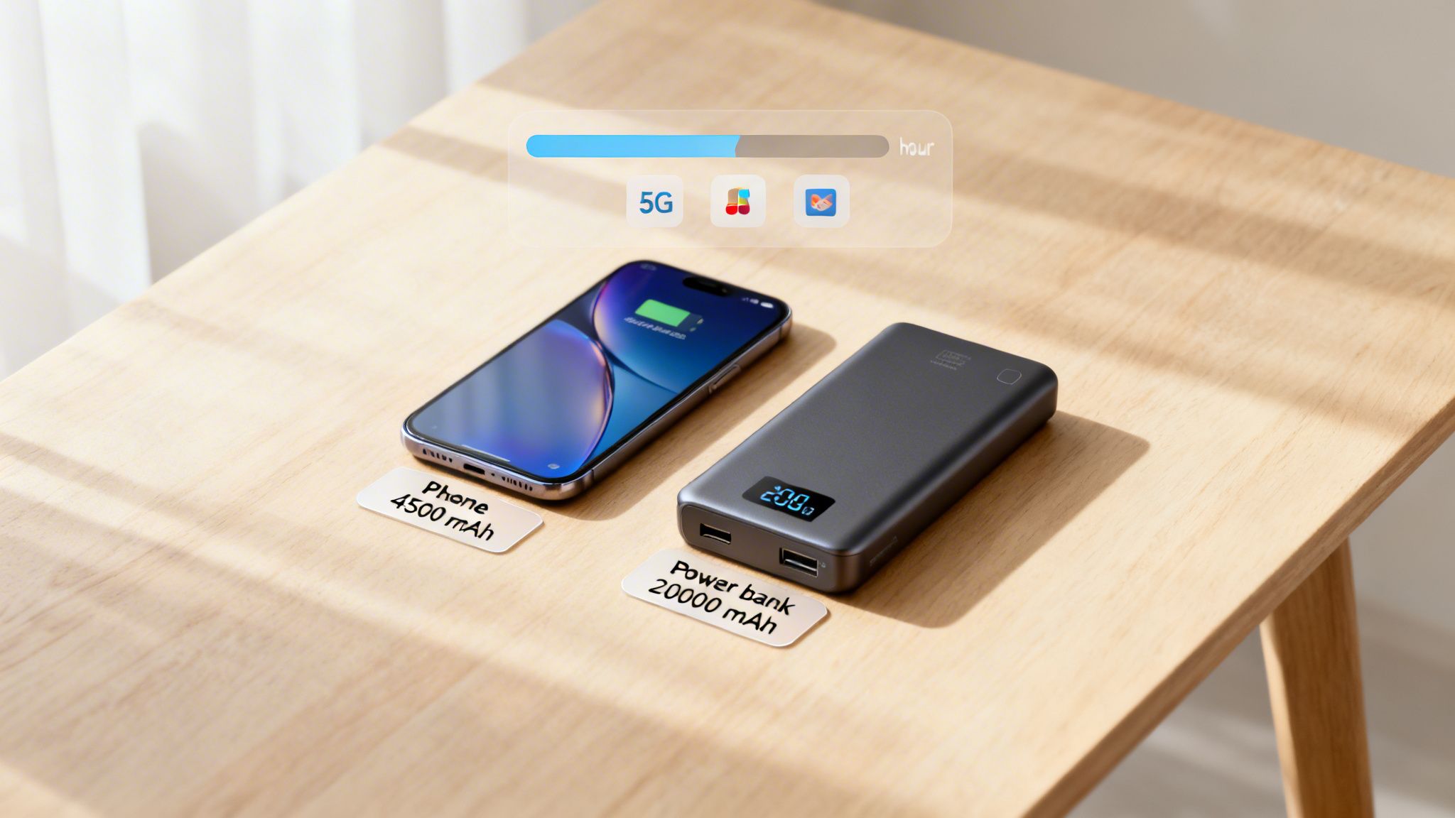 A smartphone charging from a power bank on a wooden table, displaying battery capacities.