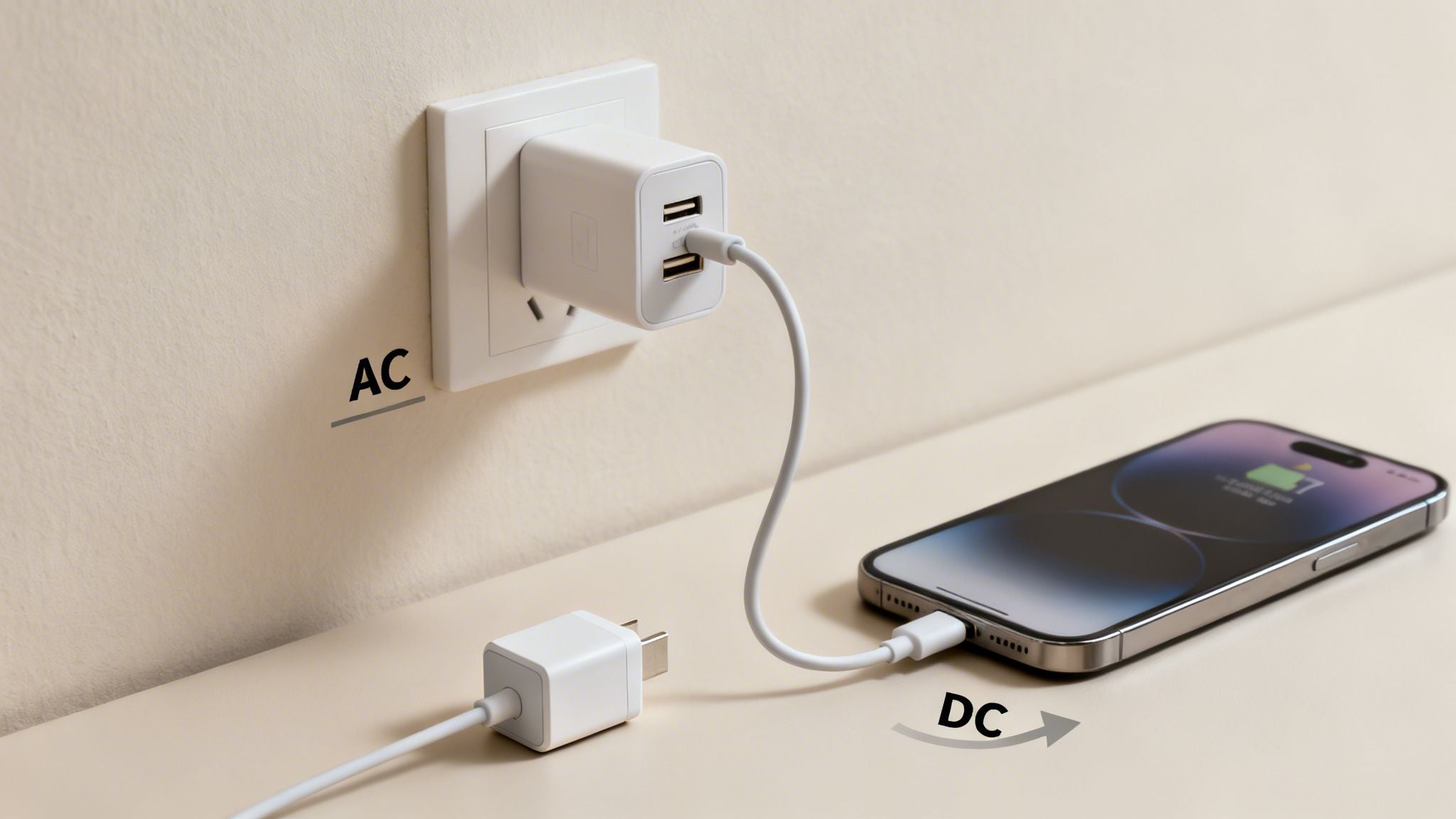 A smartphone charging from a wall outlet, illustrating AC input and DC output.