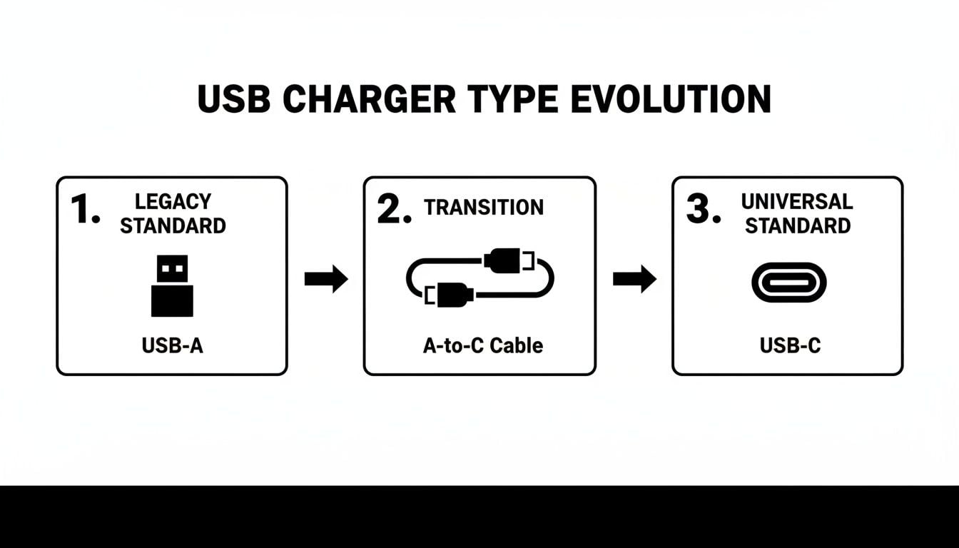 Infographic showing the evolution of USB charger types from legacy USB-A to universal USB-C.