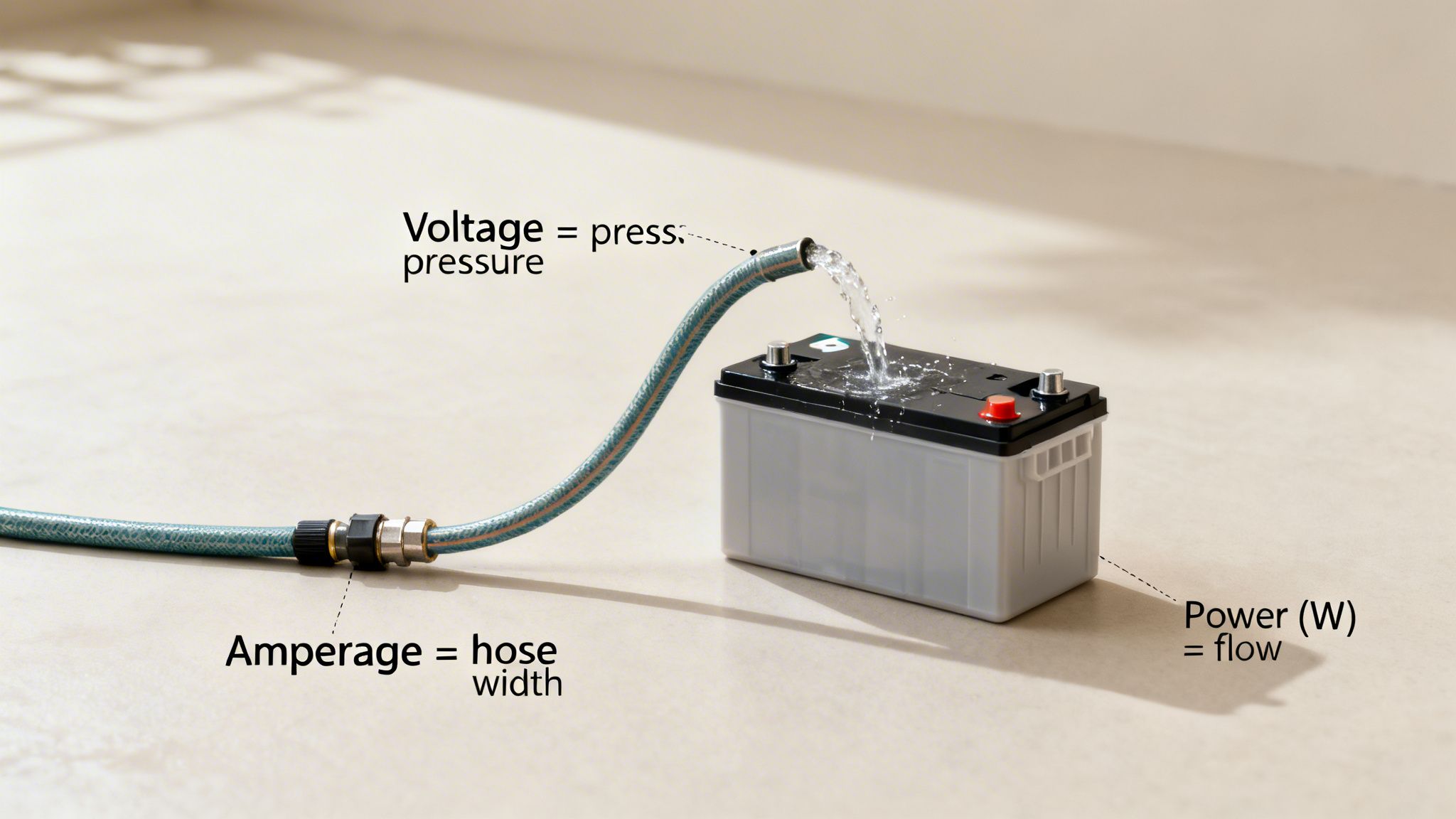 Visual analogy explaining electricity with water: voltage is pressure, amperage is hose width, and power is flow.