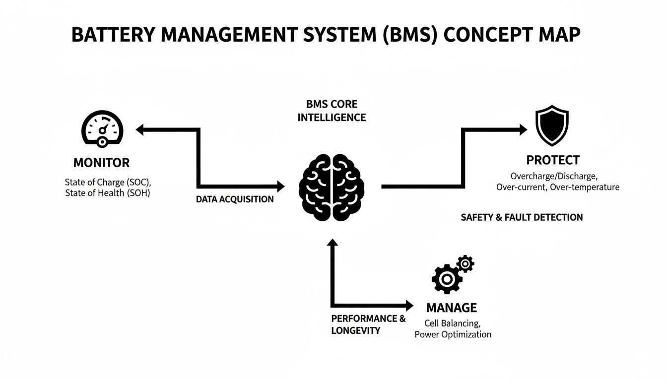 A concept map of a Battery Management System (BMS) detailing monitoring, protection, and management functions.