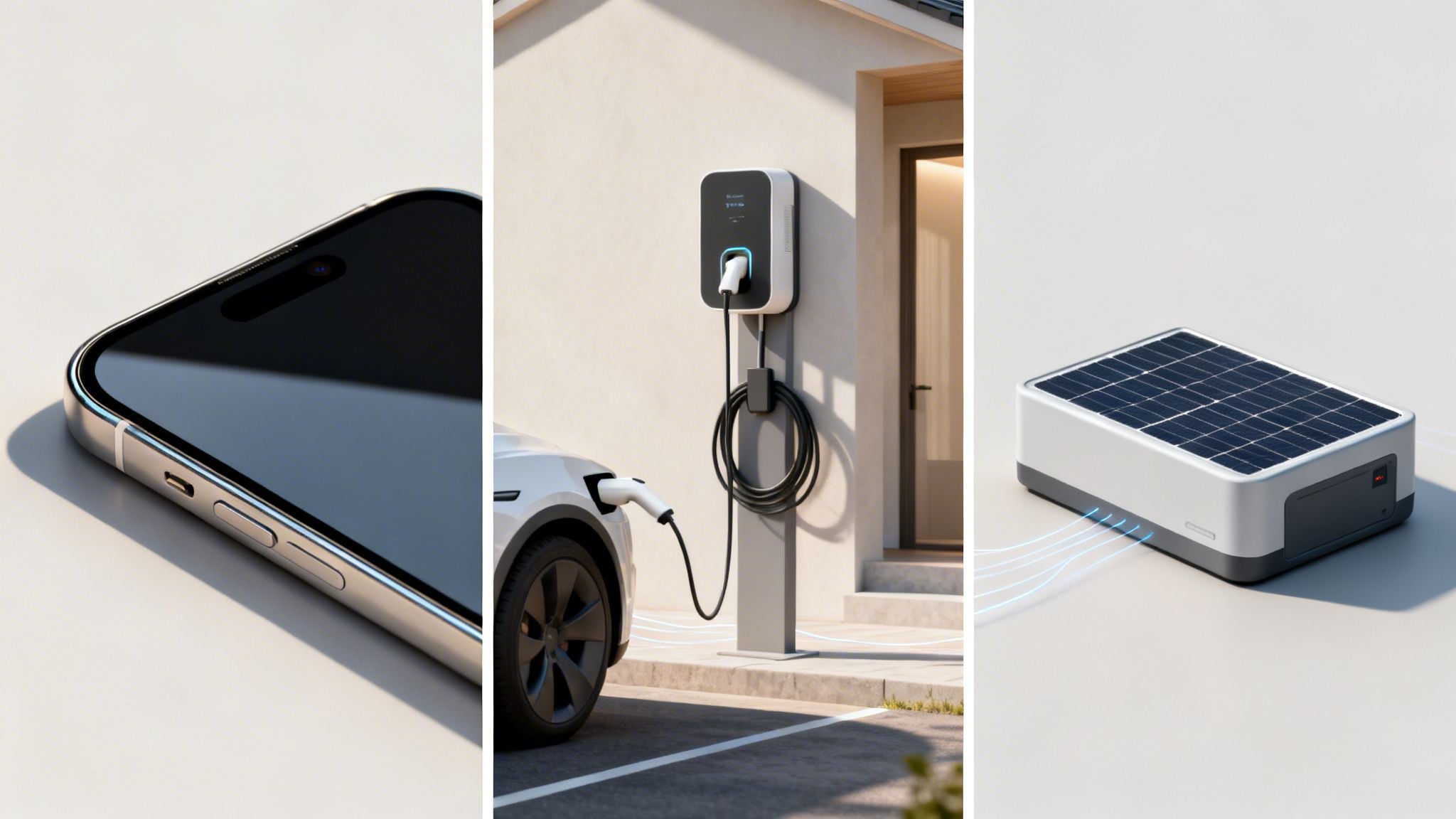 A triptych showing a smartphone, an electric car charging, and a portable solar energy device.