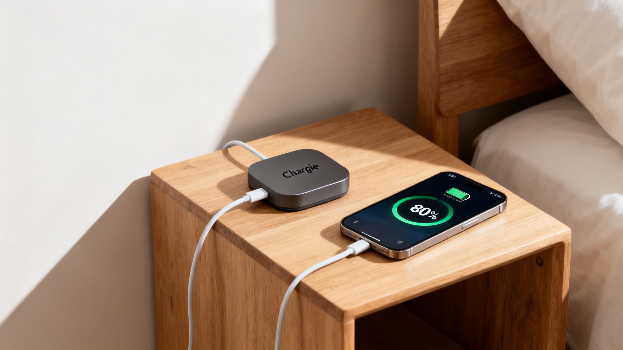 A smartphone showing 80% charge, connected to a Chargie device on a wooden nightstand.