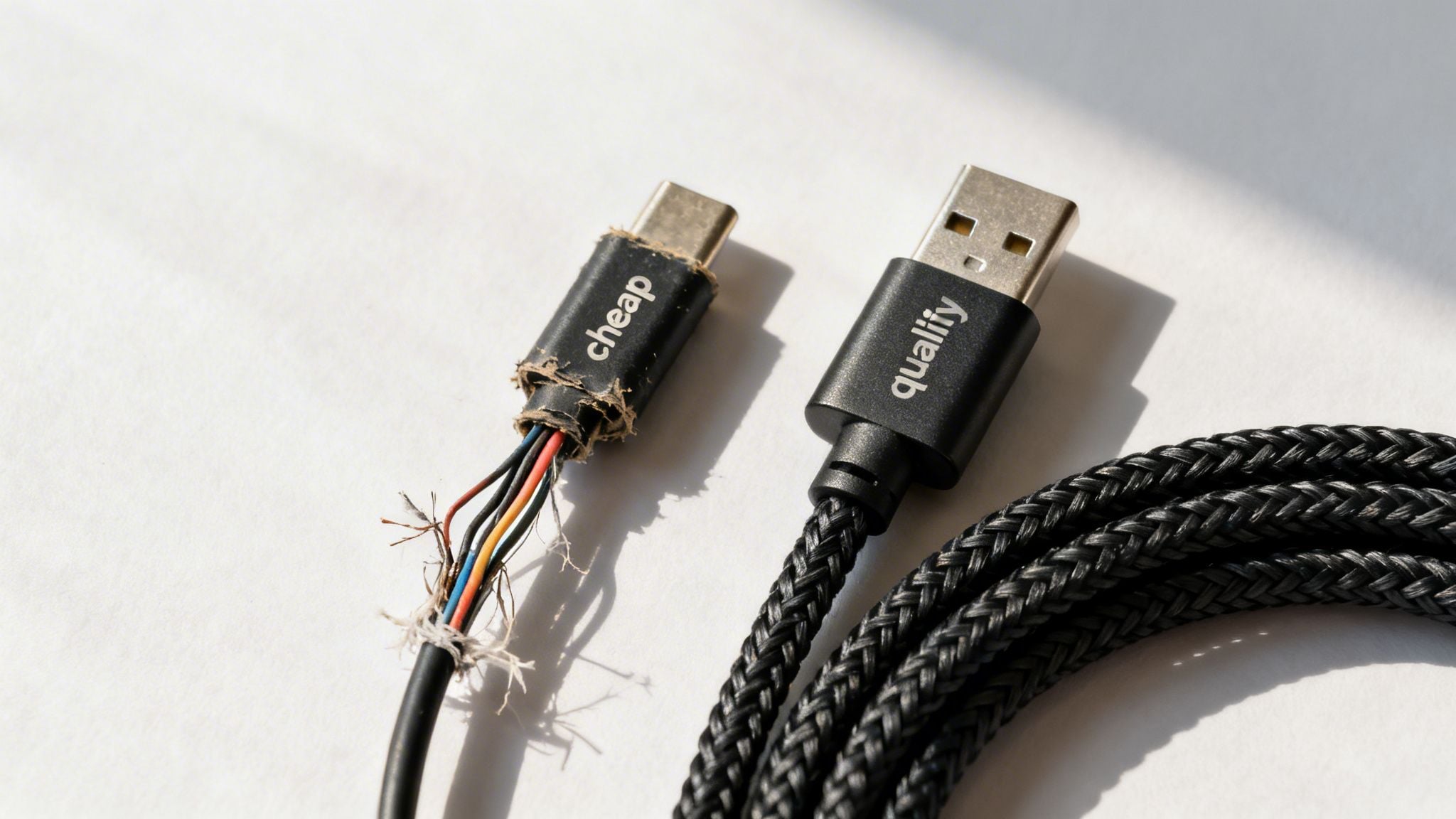 Close-up of a damaged 'cheap' USB-C cable next to a durable 'quality' braided USB-A cable.
