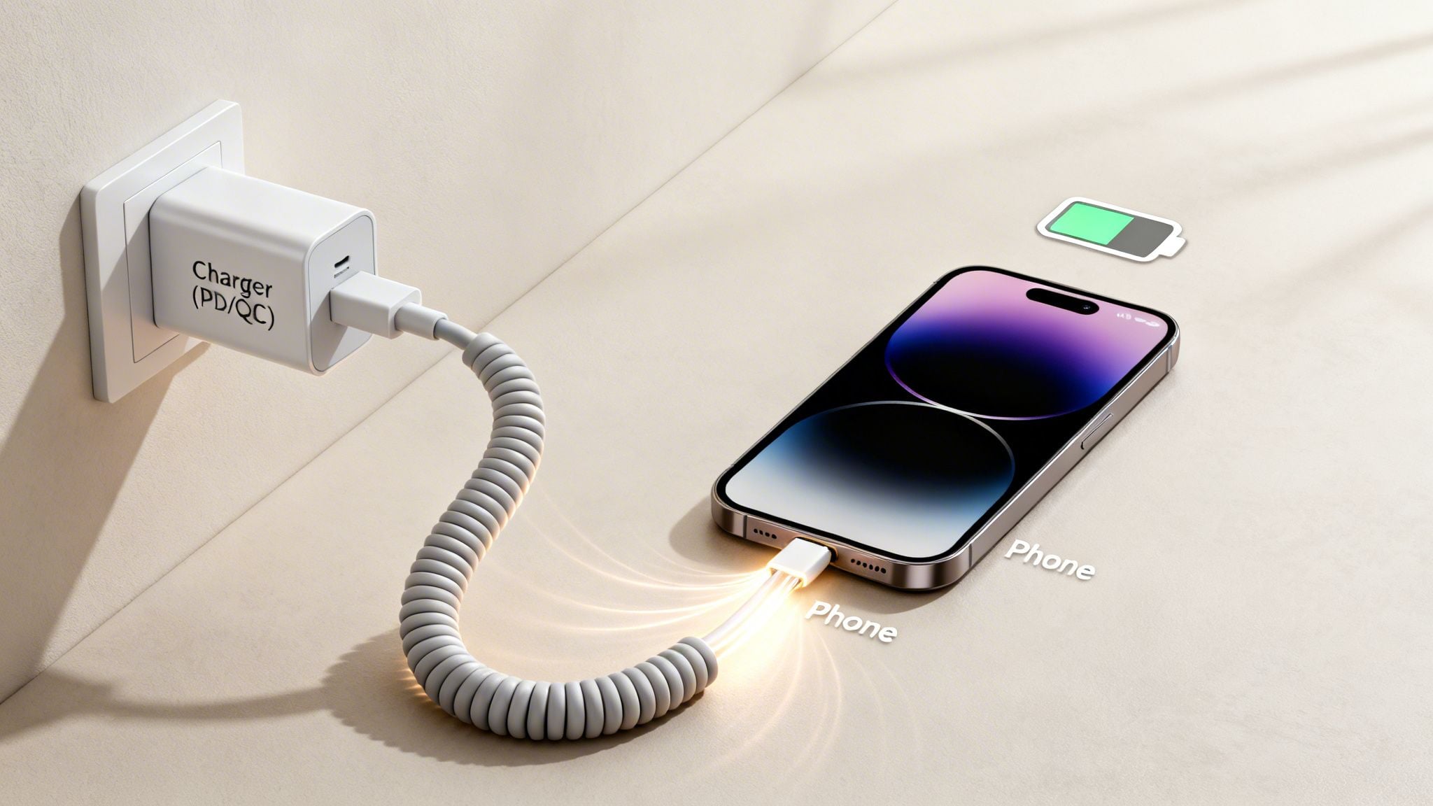 A white PD/QC wall charger connected to a modern smartphone with a coiled cable, illustrating fast charging.