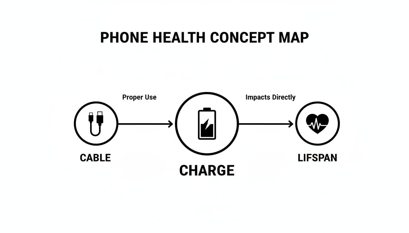 Concept map illustrating how cable use, charging, and phone lifespan are related.