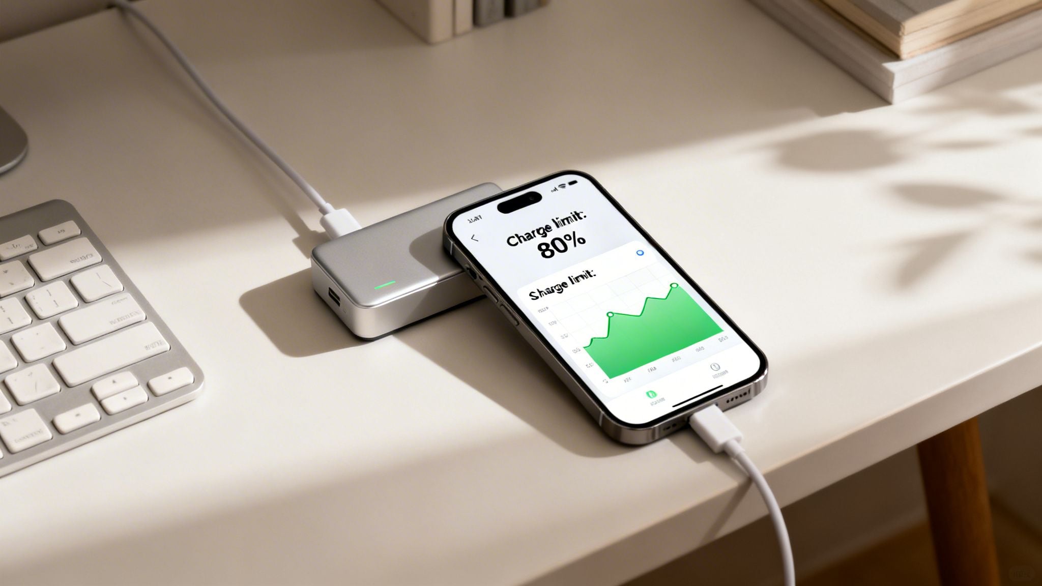 An iPhone displaying battery charge limit and a graph, connected to a hub on a desk.