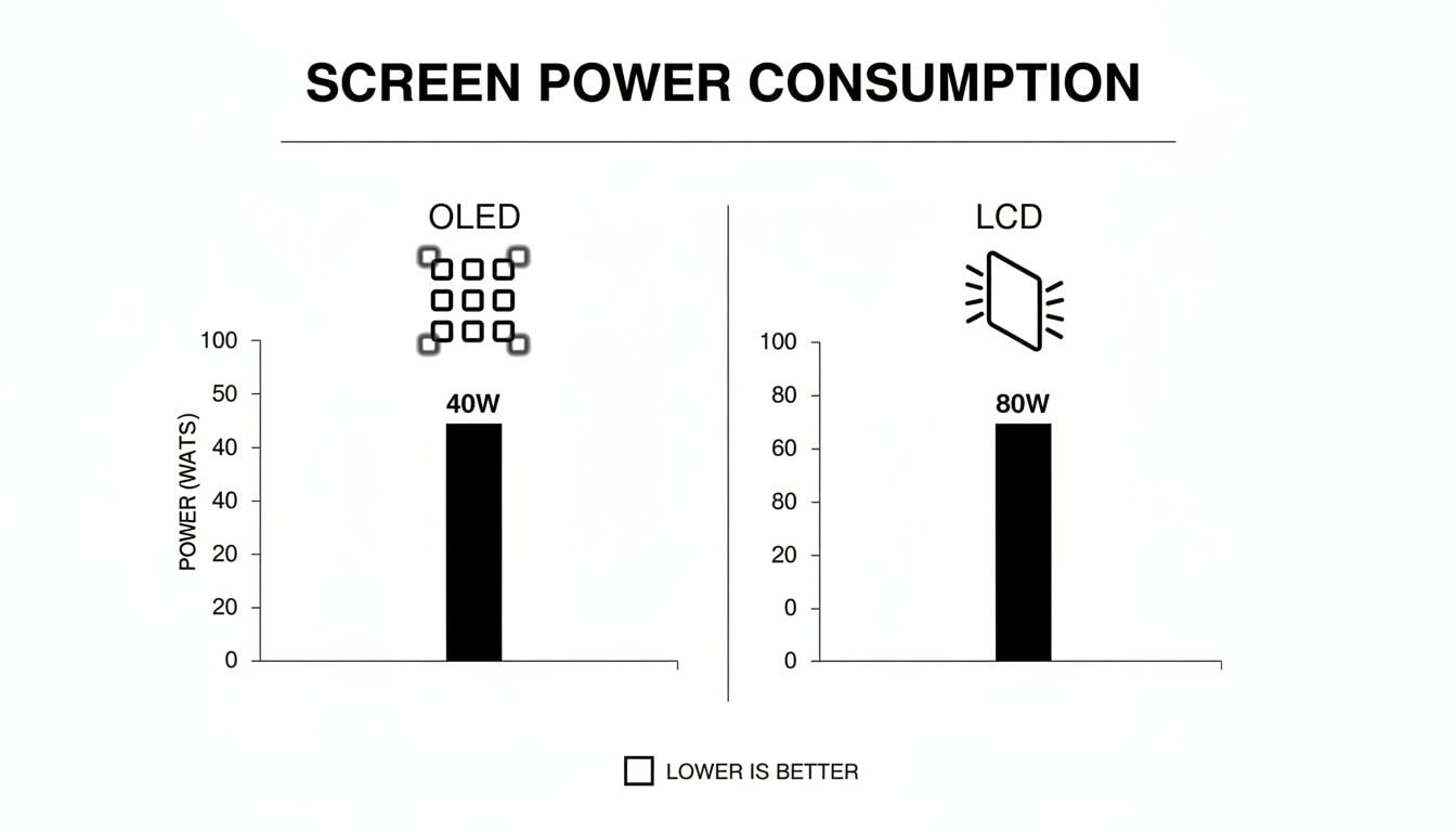 Bar chart comparing OLED (40W) and LCD (80W) screen power consumption, showing OLED uses less.