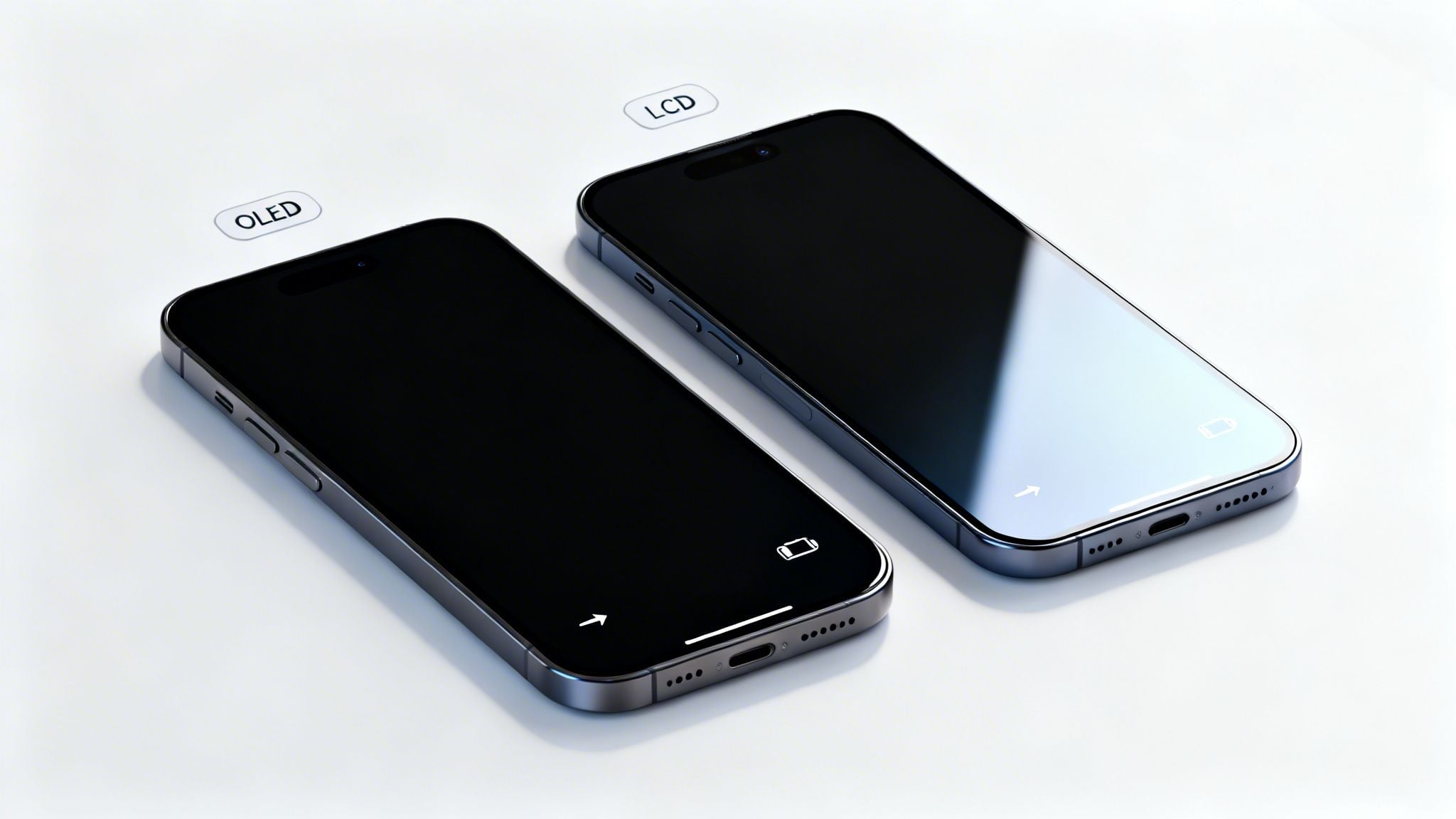 Two smartphones side-by-side, comparing OLED's true black screen with LCD's illuminated black.