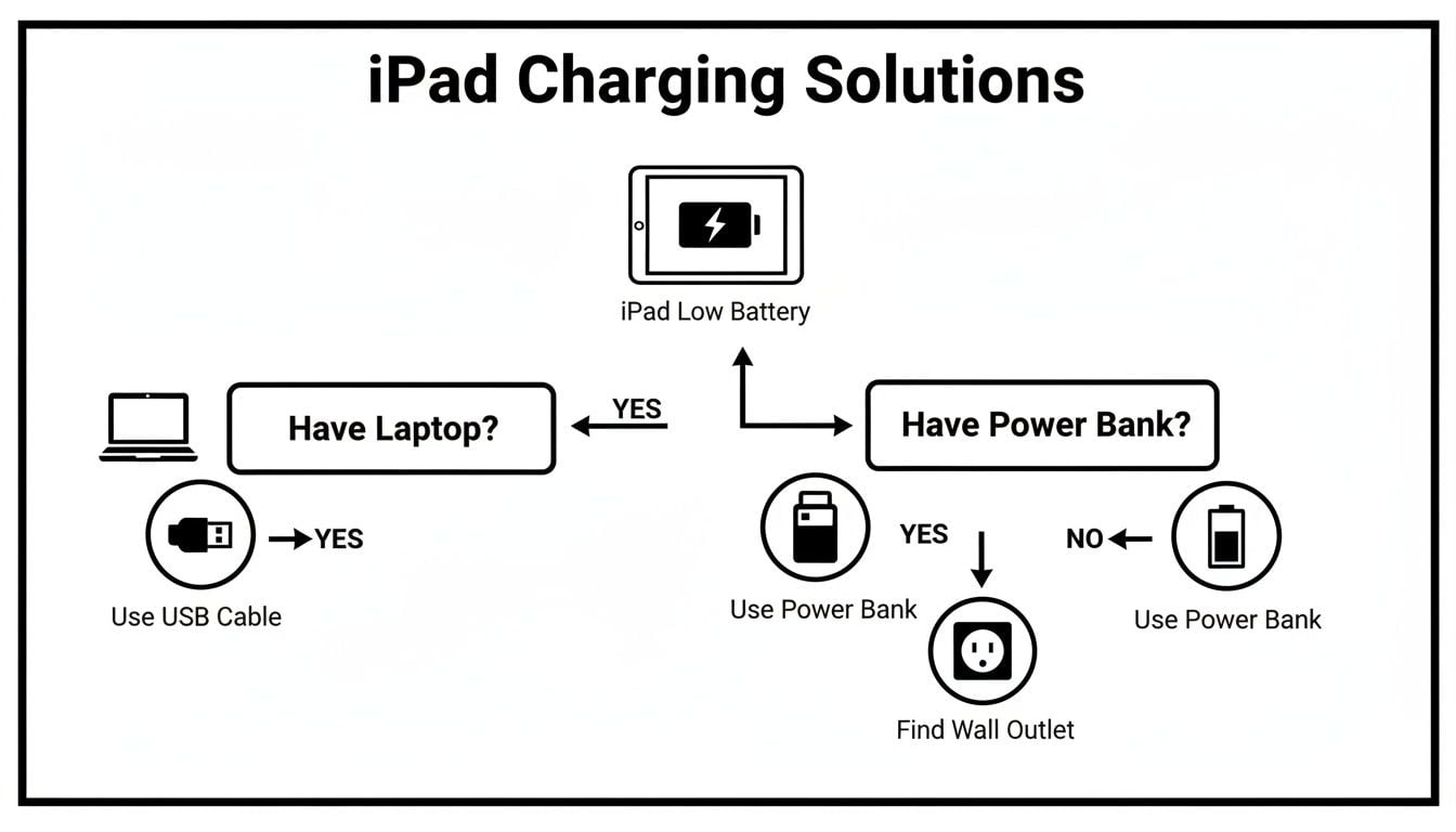 A flowchart showing iPad charging solutions. Options include using a laptop, a power bank, or finding a wall outlet.