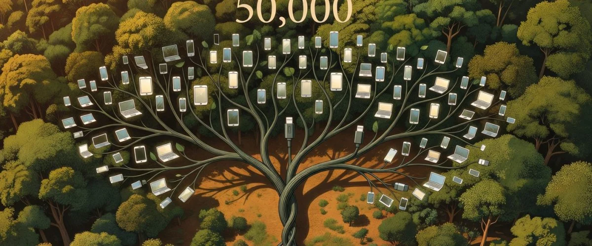 Aerial view of green forest with charging cable shaped like a tree growing device icons, environmental sustainability