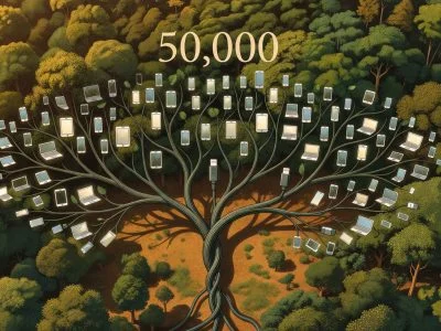 Aerial view of green forest with charging cable shaped like a tree growing device icons, environmental sustainability