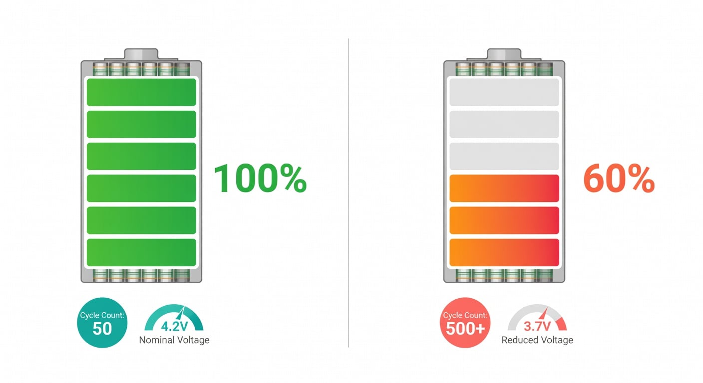 Infographic comparing a healthy smartphone battery showing full green capacity bars versus a degraded battery showing reduced orange and red capacity bars, with cycle count and voltage indicators