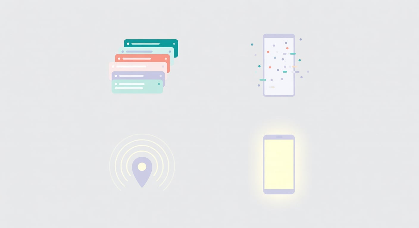 Flat illustration icons showing four Android battery drain habits: notification overload, animated live wallpaper, GPS location tracking, and maximum screen brightness