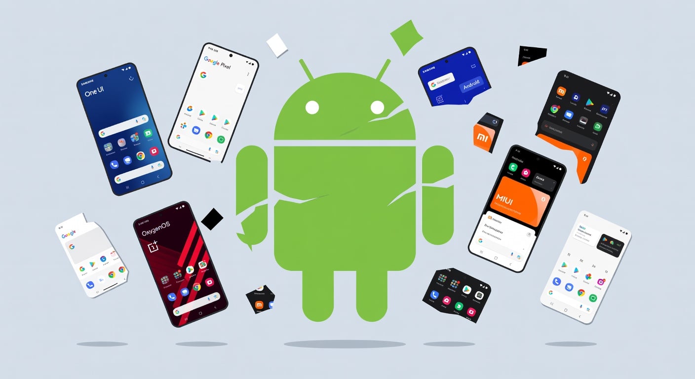 Illustration showing Android OS fragmented into different manufacturer UI skins — Samsung One UI, Google Pixel stock, OnePlus OxygenOS, Xiaomi MIUI — representing Android fragmentation