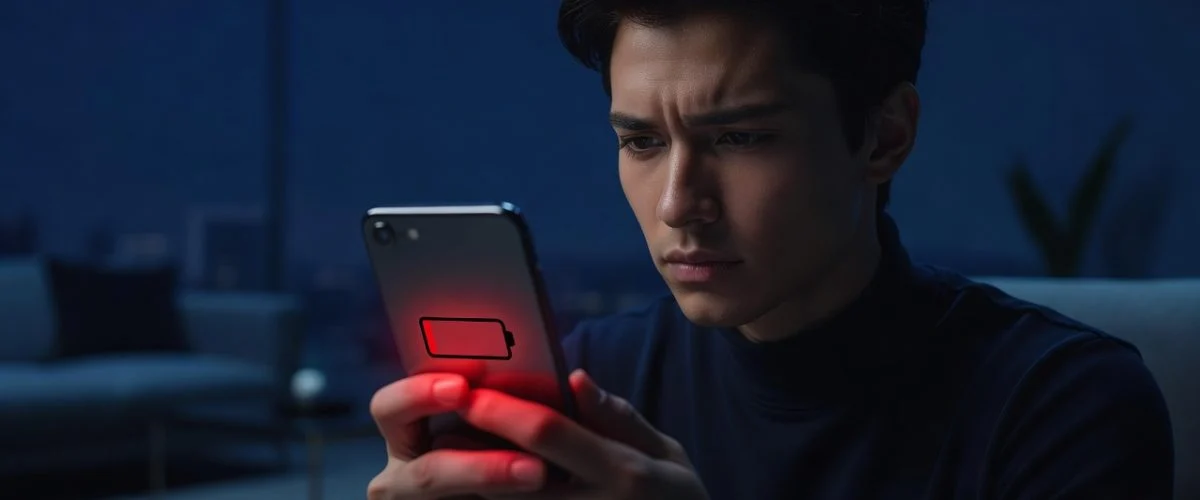 Person anxiously checking a smartphone showing a low battery at 28 percent