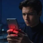 Person anxiously checking a smartphone showing a low battery at 28 percent