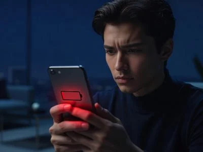 Person anxiously checking a smartphone showing a low battery at 28 percent