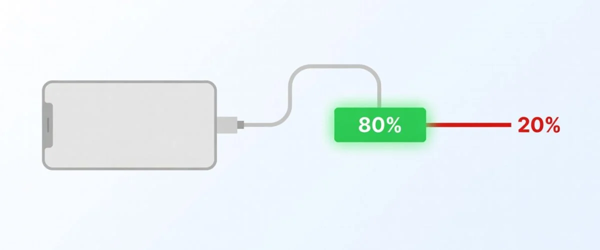Smartphone charging cable stopping at an 80% digital threshold barrier, with the remaining 20% to 100% shown in red and blocked