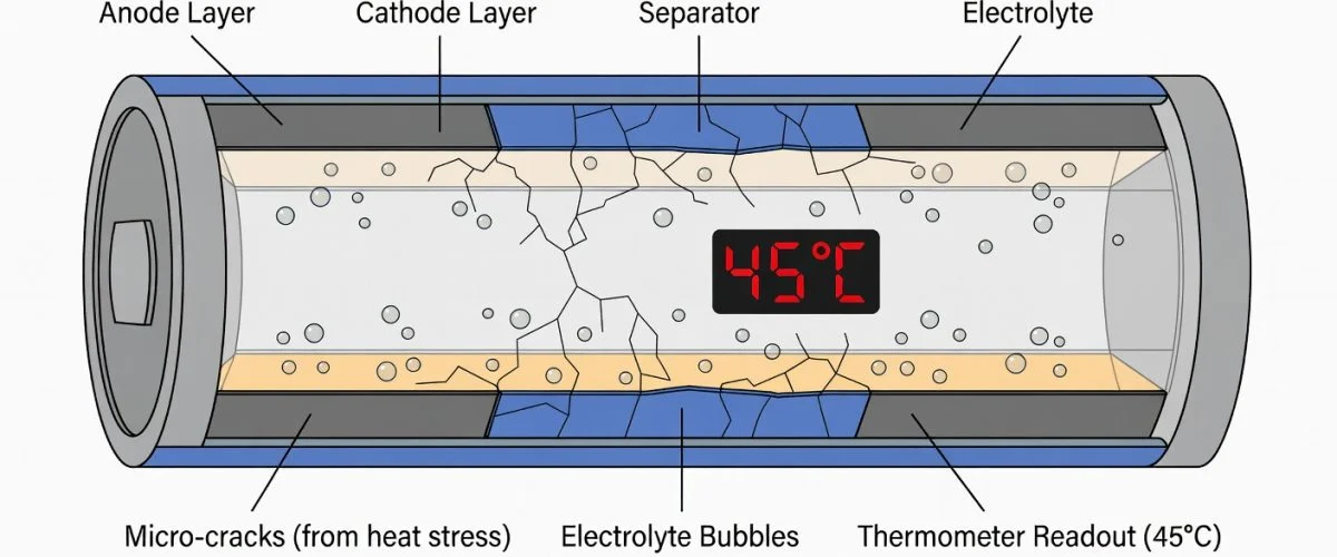 Close-up cross-section of lithium-ion battery cell showing heat stress damage and micro-cracks, scientific infographic