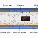 Close-up cross-section of lithium-ion battery cell showing heat stress damage and micro-cracks, scientific infographic