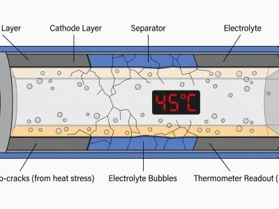Close-up cross-section of lithium-ion battery cell showing heat stress damage and micro-cracks, scientific infographic