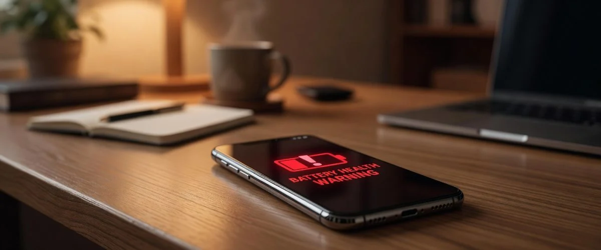Smartphone on desk with glowing red battery health warning icon, warm editorial photography