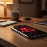 Smartphone on desk with glowing red battery health warning icon, warm editorial photography