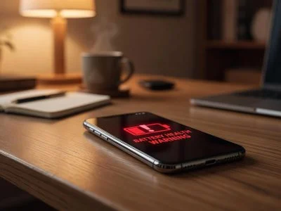 Smartphone on desk with glowing red battery health warning icon, warm editorial photography