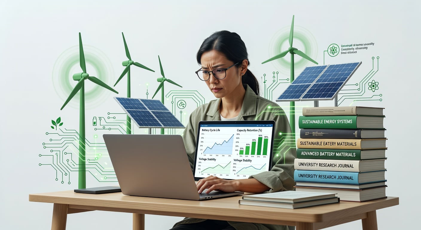 University sustainability researcher analyzing battery health graphs on a laptop with science elements